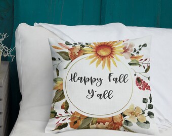 Happy Fall Yall Pillow Premium Linen Fabric 18"x18" Throw Pillow Fall Decor Autumn Throw Pillow Fall Throw Pillow Hello Fall Home Decor