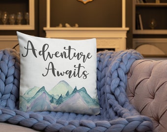 Adventure Awaits Pillow Premium Linen Fabric 18"x18" Throw Pillow Mountain Decor Cabin Throw Pillow Camper Pillow Adventure Home Decor