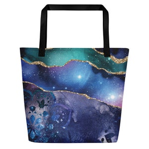 Galaxy Beach Bag Tote Agate Beach Tote Marbled Beach Bag Carryall Bag Tote Bag Blue and Purple Tote Reuseable Grocery Bag Farmers Market Bag