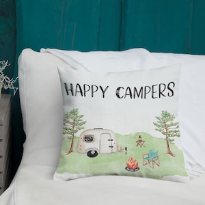 Happy Camper Pillow Premium Linen Fabric 18&quot;x18&quot; Throw Pillow Camping Decor Cabin Throw Pillow Camper Pillow Adventure Home Decor