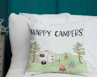 Happy Camper Pillow Premium Linen Fabric 18"x18" Throw Pillow Camping Decor Cabin Throw Pillow Camper Pillow Adventure Home Decor