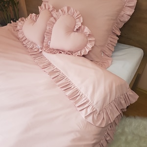 Parure de lit à volants, coton, literie à volants, literie enfant, literie adulte, coton, rose sale à volants