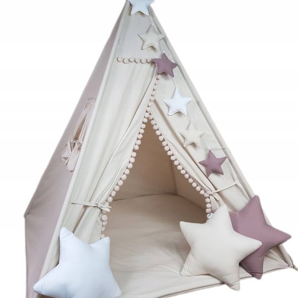 Tipi, tipi, wigwam, tente, tente, beige/beige/marron/marron/blanc/blanc BEIGE + étoiles