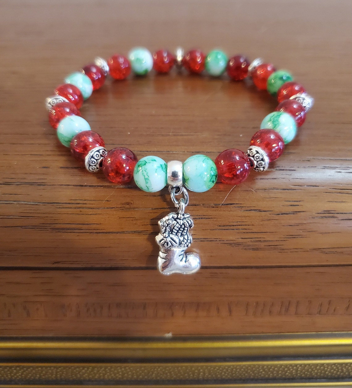Beaded Stretch Bracelet Christmas Themed Red Green & Silver Etsy