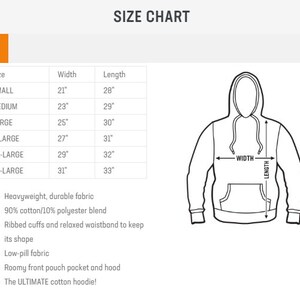 May include: Size chart for a hoodie with measurements in inches for width and length. Sizes include small, medium, large, x-large, 2x-large, and 3x-large. The hoodie is shown in a line drawing with measurements labeled.