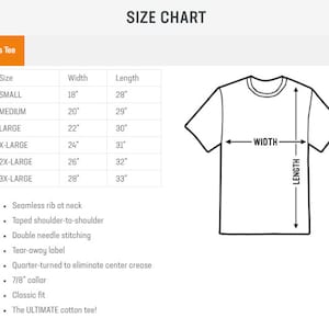 May include: Size chart for a men's tee shirt with measurements in inches. The chart shows the width and length of the shirt in different sizes, from small to 3x-large. The chart also includes details about the shirt's construction, such as seamless rib at neck, taped shoulder-to-shoulder, double needle stitching, tear-away label, quarter-turned to eliminate center crease, 7/8" collar, classic fit, and the ULTIMATE cotton tee!