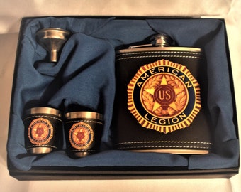 American Legion / Flask Set  Black Leather /with Cup and Funnel
