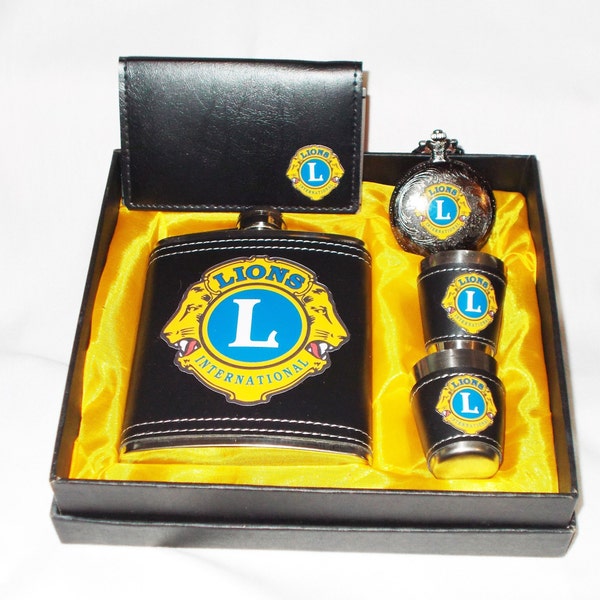 Lions Club Flask And Watch Set  Black Leather/ 2 cups, Funnel And Leather Business Card Case...Free Shipping