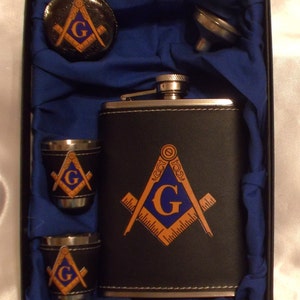 Freemason / Flask  & Pocket Watch Set /Black or Bronze Watch (You Choose)