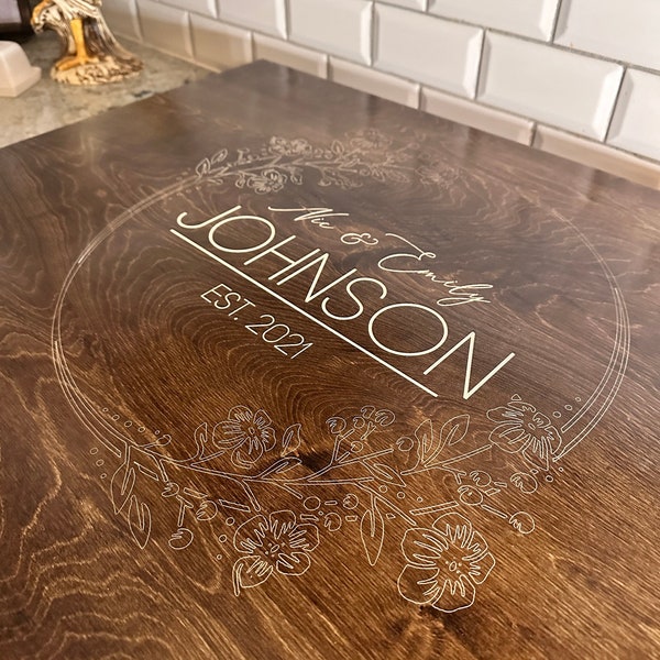 Engraved Wedding/Anniversary Stove Cover, Floral Wreath Noodle Board, Personalized, Realtor Gift, Stovetop Cover, Gas Range, Burner, Cooktop