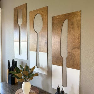 Fork Spoon Knife Wall Decor, Utensils, Handmade Wall Art, Laser Engraved, Stained Wood, White Paint, Minimalist Kitchen, Mid Century Modern
