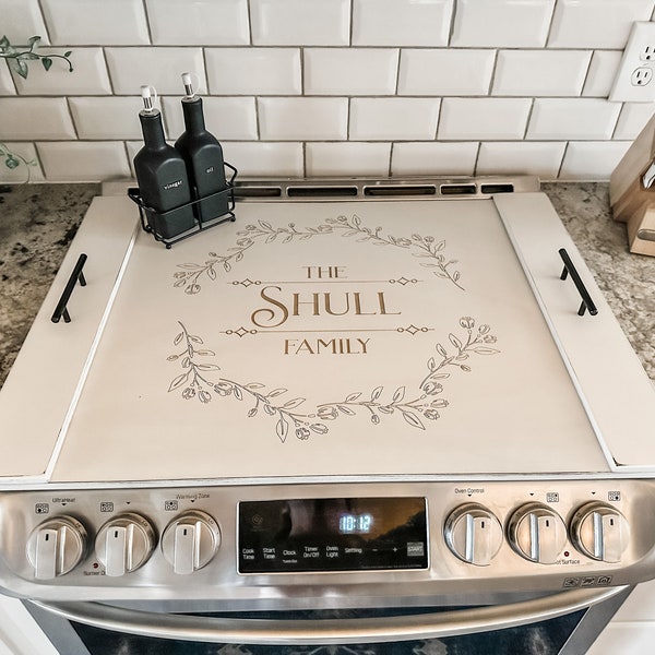 Engraved Family Name Stove Cover, Noodle Board, Gas Range, Electric, Glass Cooktop, Burner, Wedding, Realtor Gift, Minimalist, Floral Wreath