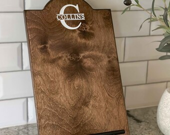 Initial Engraved Personalized Cookbook Stand, Wood, Cookbook Holder, Recipe Stand, Mother's Day Gift, Minimalist, Kitchen Decor, Laser