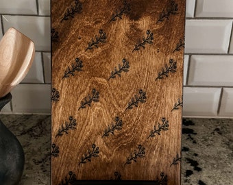 Floral Engraved Cookbook Stand in Warm Brown, Wood, Cookbook Holder, Recipe Stand, Mother's Day Gift, Minimalist, Kitchen Decor, Laser