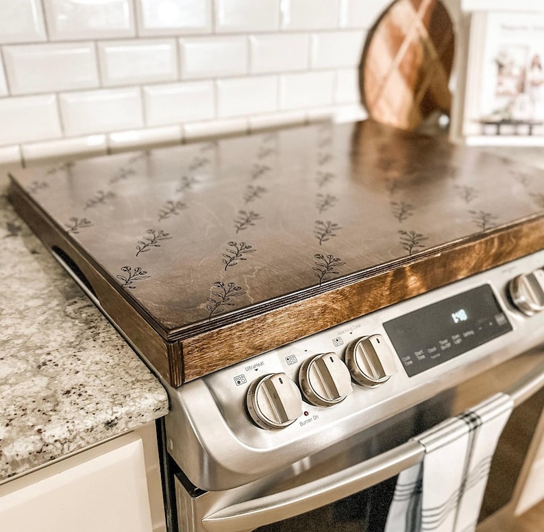 Floral Pattern Engraved Stove Top Cover, Warm Brown, Noodle Board, Gas Stove, Glass REBUILD FOR HM