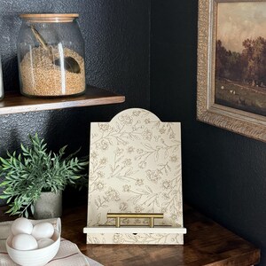 Floral Engraved Cookbook Stand in Ivory, Wood, Cookbook Holder, Recipe Stand, Mother's Day Gift, Minimalist, Kitchen Decor, flower pattern