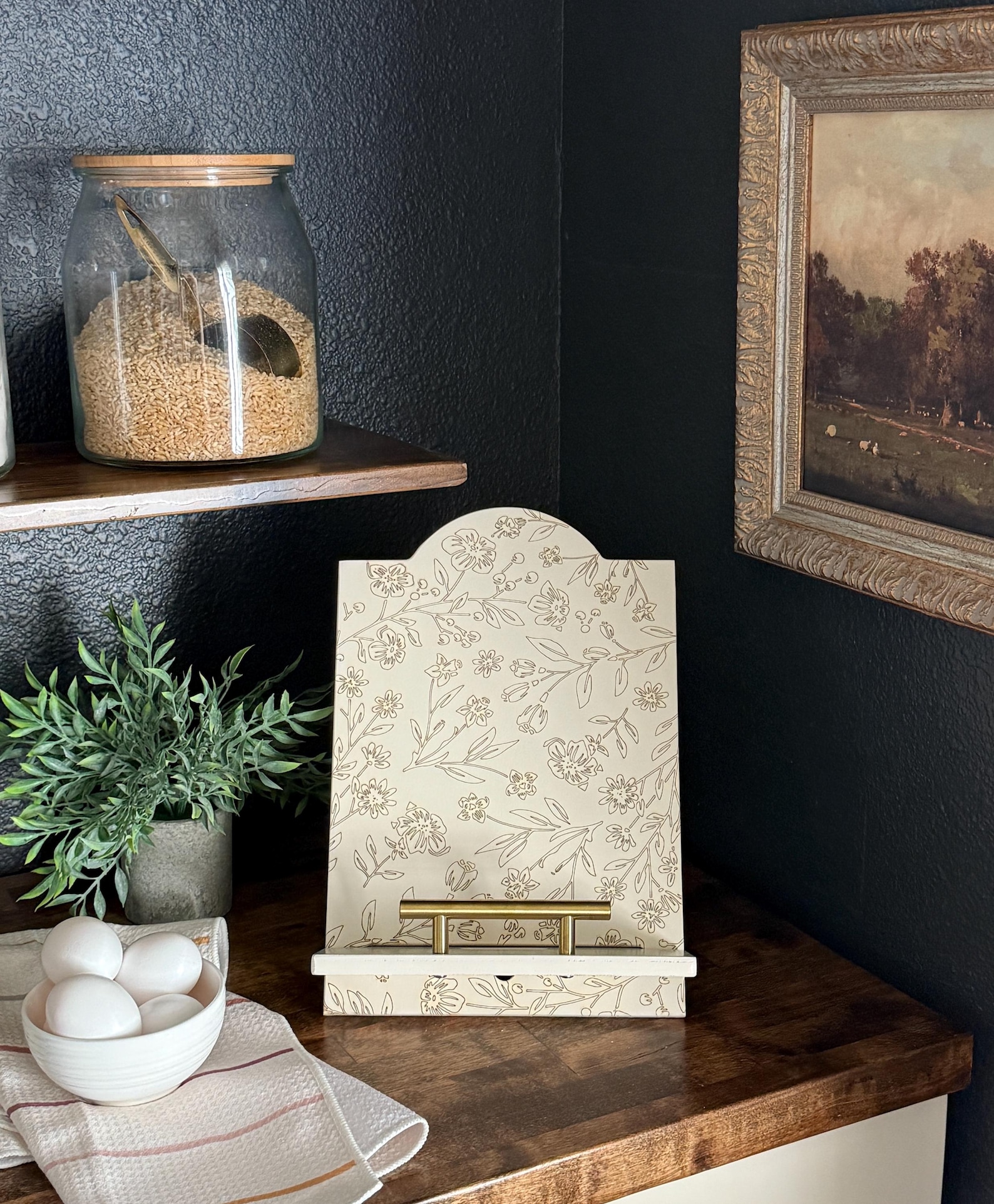 Floral Engraved Cookbook Stand in Ivory, Wood, Cookbook Holder, Recipe Stand, Mother's Day Gift, Minimalist, Kitchen Decor, flower pattern
