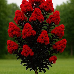 May include: A vibrant red crape myrtle tree with dark burgundy leaves and branches. The tree is in full bloom, with clusters of bright red flowers. The tree is set against a backdrop of green grass and trees.