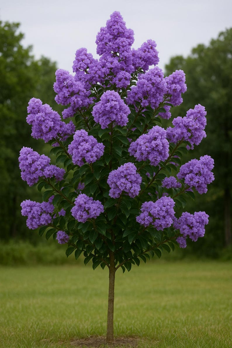 May include: A vibrant crape myrtle tree in full bloom, showcasing clusters of bright purple flowers. The tree has a slender, brown trunk and lush green foliage, set against a backdrop of green grass and trees.