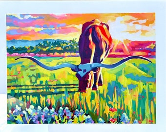 Longhorn Wall Art with Texas Bluebonnets | Texas Art, Unframed Print by Maria Morris Art