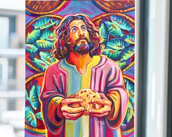 Jesus Painting with Loaves and Fish, 24x30" Acrylic on Canvas by Maria Morris Art