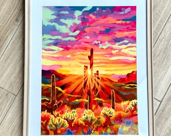 Saguaro National Park, Desert Sunset with Cactus, Arizona Wall Art, Unframed Giclee Print by Maria Morris Art