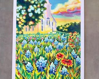 Lámina decorativa de Texas con motivos de lupinos azules, iglesia y flores silvestres, de Maria Morris.