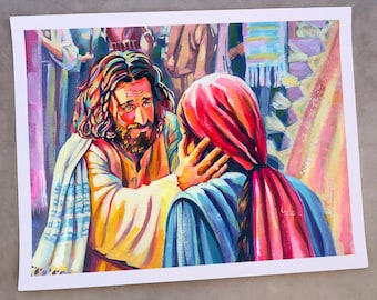 Impresión de Jesús, Jesús sanando a una mujer, Giclée sin marco de Maria Morris Art