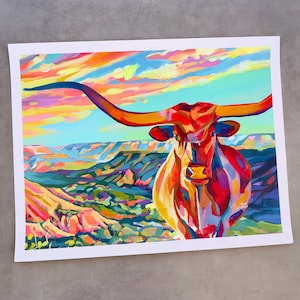 Texas Longhorn Print of Palo Duro Canyon, Amarillo, Unframed Print by Maria Morris Art