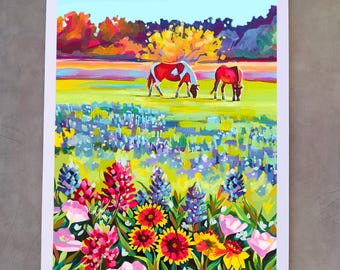 Arte mural de Texas: lupinos, caballos y flores silvestres, impresión de Maria Morris
