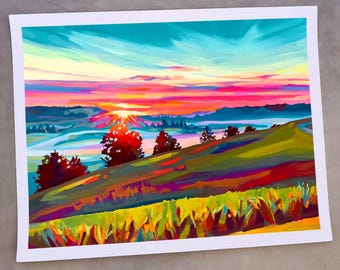 Impresión artística del atardecer en Kentucky: pintura de paisaje colorido de Maria Morris