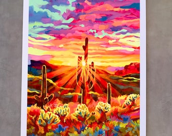 Arte mural del Parque Nacional Saguaro, Arizona, impresión giclée sin marco de Maria Morris Art