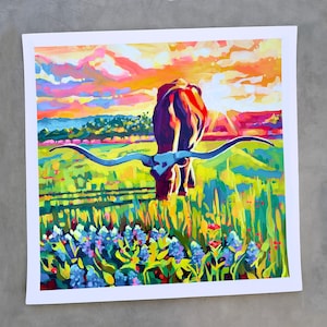 Texas Longhorn & Bluebonnet Art Print: Unframed Texas Landscape