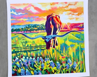 Impresión artística de Texas Longhorn y Bluebonnet: paisaje texano sin marco