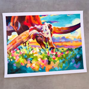 Longhorn Wall Art with Texas Bluebonnets | Texas Art, Unframed Print by Maria Morris Art