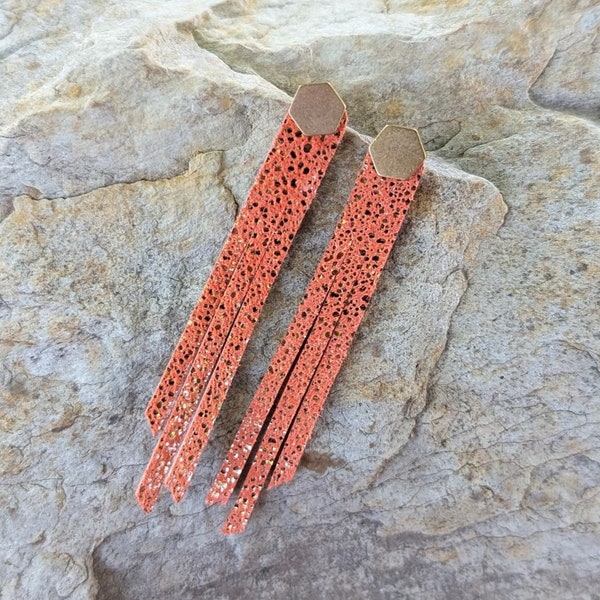 Orange and Gold Leather Earrings Fringe Dangle Drop Earrings with Removable Brass Stud Hexagon Geometric Long USA Earrings Rockbird Leather