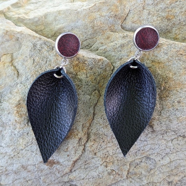 Black Leather Earrings Black and Red Teardrop Cabochon Petal Leaf USA Handmade Jewelry Lightweight Earrings Gothic Jewelry Rockbird Leather