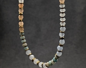 Winter Pastel Gemstone Necklace White Peach Blue Aquamarine Gold Hematite Sunstone Jade Amazonite Delicate Beaded Necklaces 4mm Faceted Bead