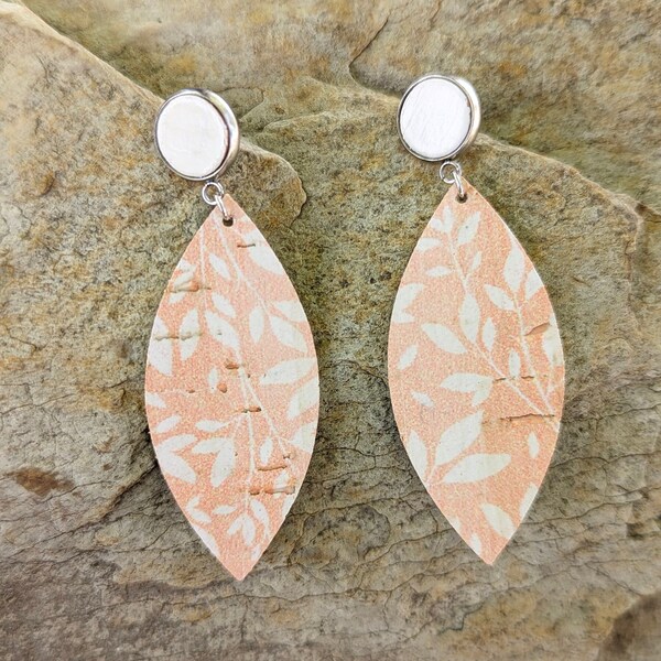 Petal Leather Earrings Peach Orange White Leaves Cork Backed Leather Nature Jewelry Earthy Mothers Day Gift Graduation USA Rockbird Leather