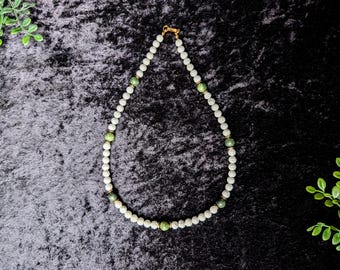 Connemara Marble & Lava Rock Necklace White Lava Rock Green Irish Marble Gold Plate Hematite Mens Necklace