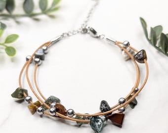 Indian Agate Leather Cord Bracelet | Multi 3 Strand Gemstone Chip Bracelet | Silver Beads | Adjustable Lobster Clasp | Natural Stone Jewelry