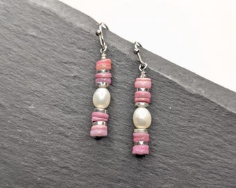 Pink Pearl Earrings Freshwater Pearls & Shells Heishi Bead Dangle Earring Hook or Huggie Hoop Silver Hematite Stainless Steel Sensitive Ears