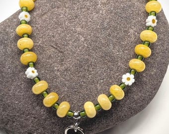Yellow & Green Daisy Chain Phone Wrist Strap Dyed Yellow Gemstone Beads Green + Flower Glass Beaded Cellphone Bracelet Purse Wallet Wristlet
