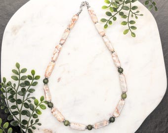Connemara Marble & Red Line Marble Necklace | Green Irish Marble Beads | Chunky Natural Stone Necklace | Orange White with Silver Hematite