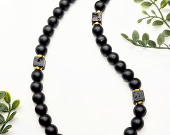 Matte Black Onyx & Lava Rock Necklace with Hematite Accents | Chunky Black Beaded Necklace | Gold Silver Bronze Blue Metallic Hematite Beads