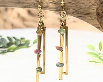 Rainbow Tourmaline Chip Dangle Earrings | Brass Bar Geometric Jewelry | Colorful Raw Stone Jewelry | Dainty Gold Drop Earring | Gift for Her