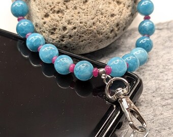 Blue & Pink Gemstone Phone Wrist Strap | Magenta and Sky Blue Quartz Chalcedony Beaded Wristlet | 1 or 2 Hole Tether | Stainless Steel