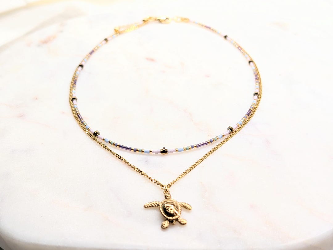 Turtle Chain Sea Turtle Necklace Gold Chain Layered Hematite Beaded Pastel Miyuki ...