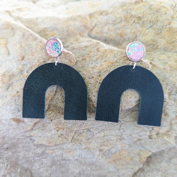 Pacific Blue Dark Green Leather Arch Earrings Pink Iridescent Green Blue Leather Studs Leather Cabochon Lightweight Jewelry Rockbird Leather