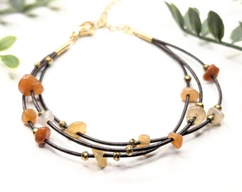 Red Aventurine Leather Bracelet | 3 Strand Gemstone Chip Bracelet | Gold Beads | Adjustable Lobster Clasp | Natural Stone Jewelry